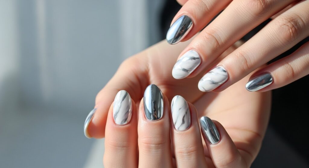 Close-up of nails featuring marble chrome nail designs with metallic veining and a glossy reflective finish.