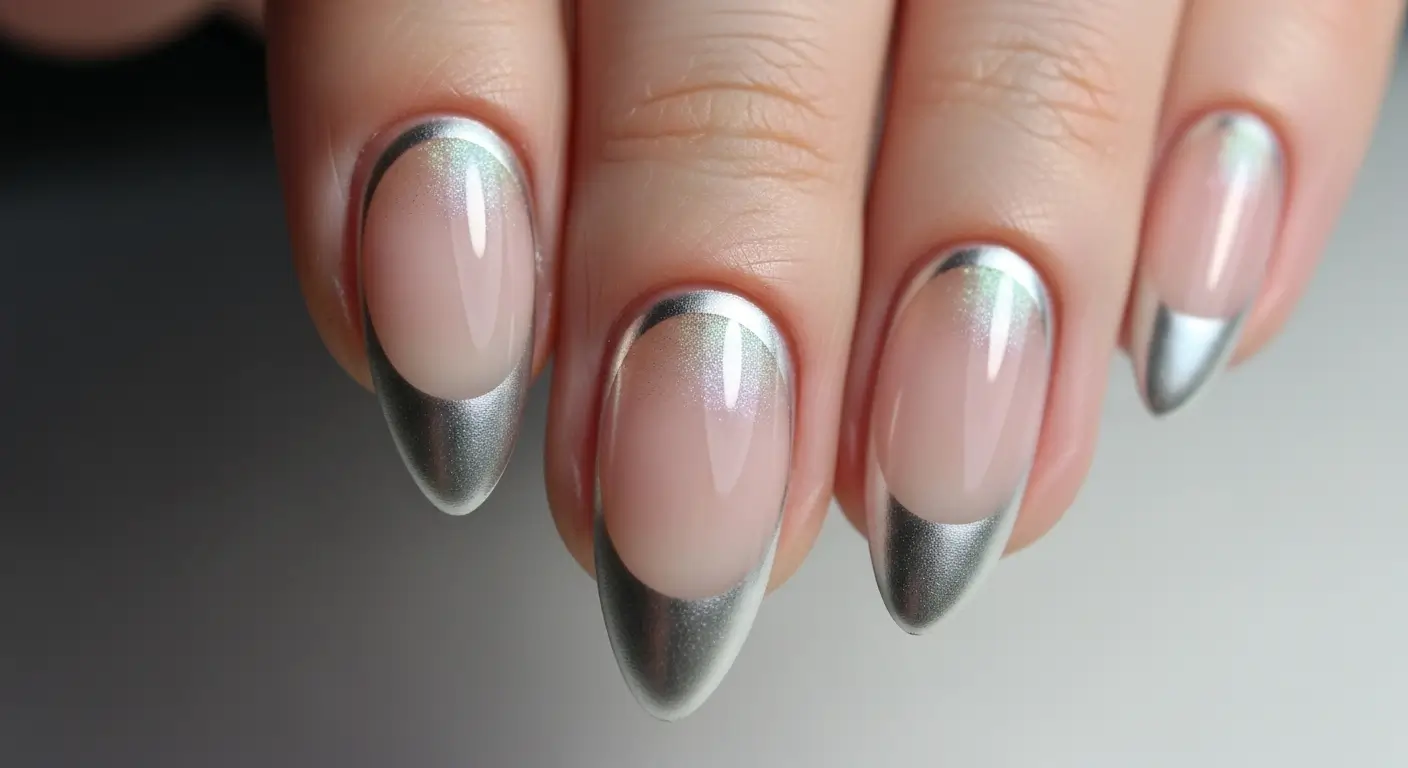 Neutral cat eye French tips with a silver half-moon for clean, chic style.