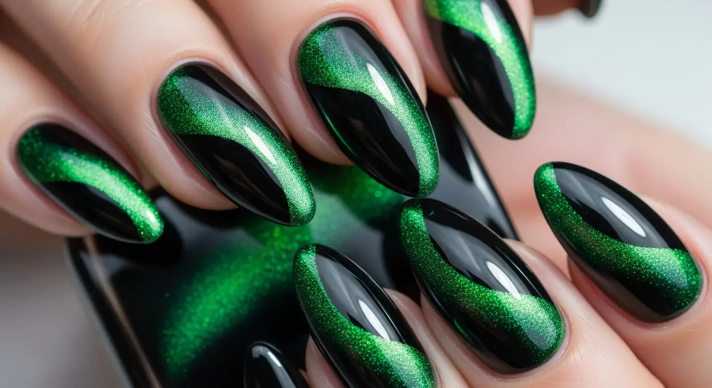 Black and green multichromatic cat eye nails with dynamic depth and shimmer.