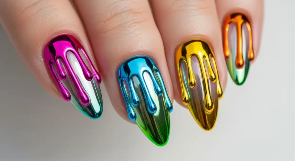 Close-up of nails featuring multicolor drip chrome design with vibrant, glossy metallic drips over a smooth base.
