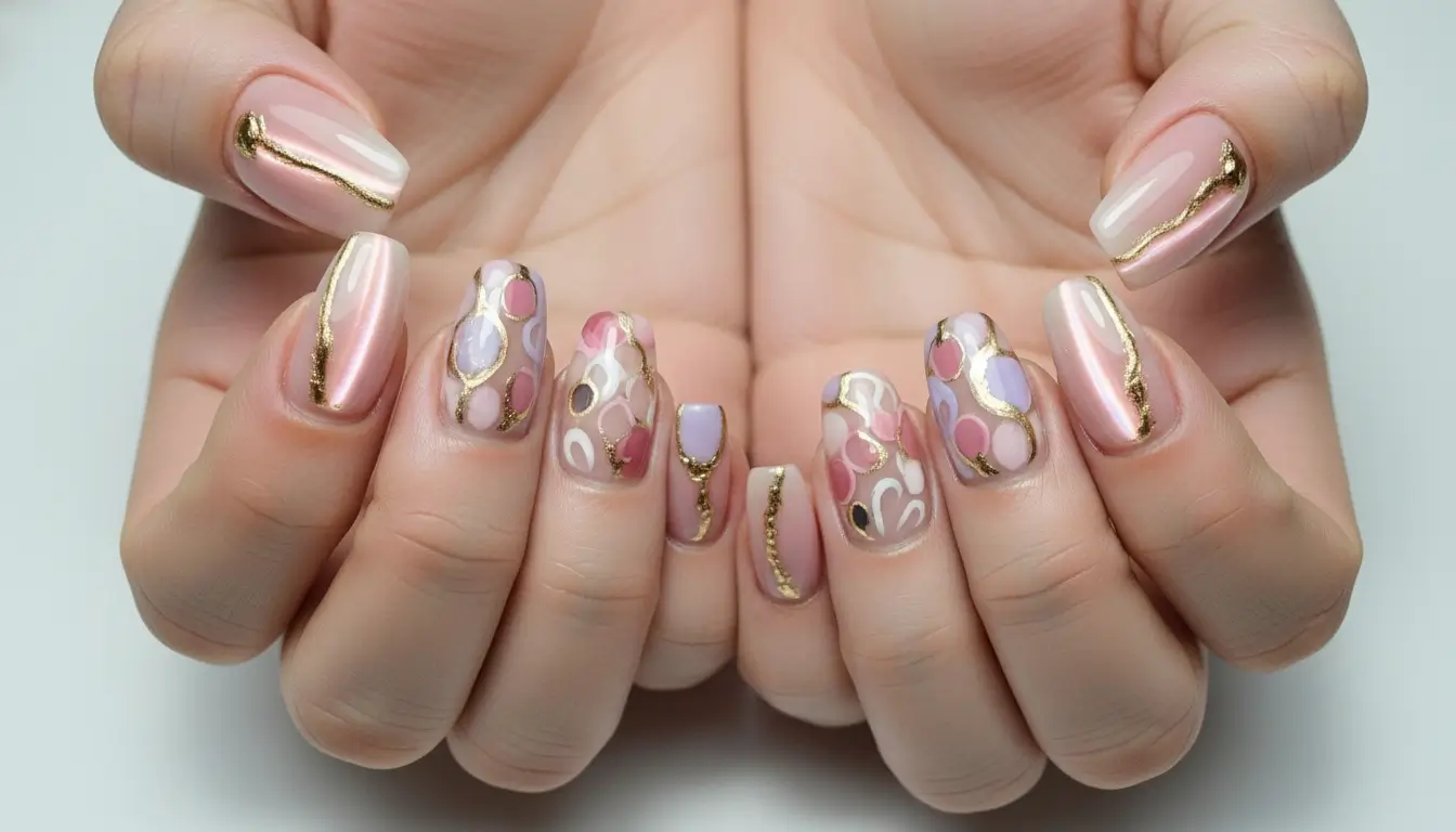 Negative-space cat eye nails with matching color details for a cohesive look.