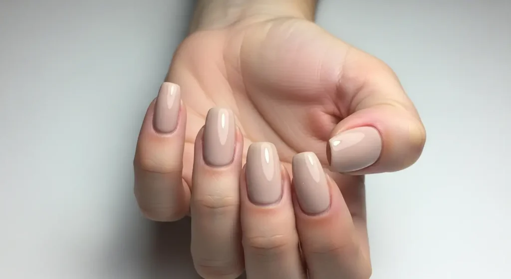 Close-up of nails featuring neutral chrome nails with a soft, glossy, reflective metallic finish.