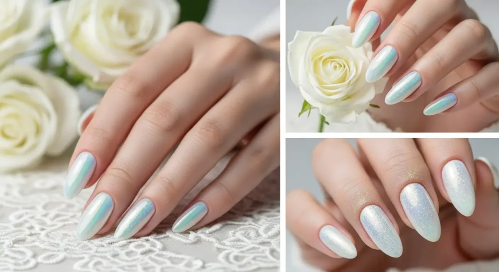 Close-up of nails featuring opal chrome effect with a luminous, iridescent finish and soft reflective shimmer for an elegant, modern look.