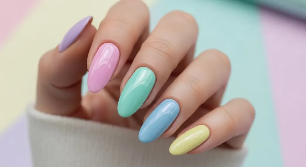 Close-up of nails featuring pastel chrome design with soft, glossy, reflective metallic shades in gentle pastel colors.