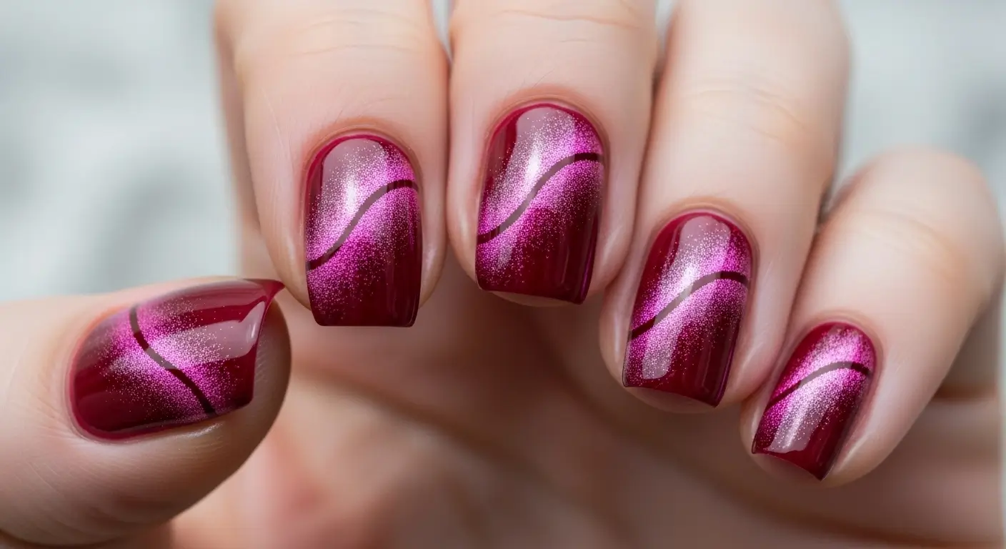 Ruby red cat eye nails with pink magnetic shimmer and multi-angle shine.