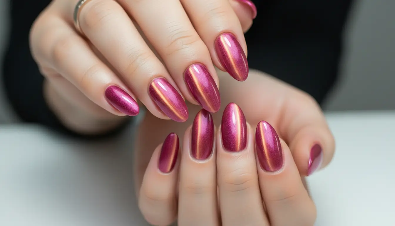 Bold pink cat eye nails with magnetic shine and energetic flair.
