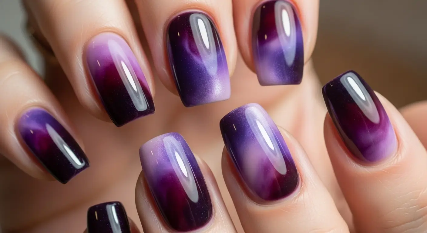 Multitone purple cat eye nails with reflective highlights and depth.