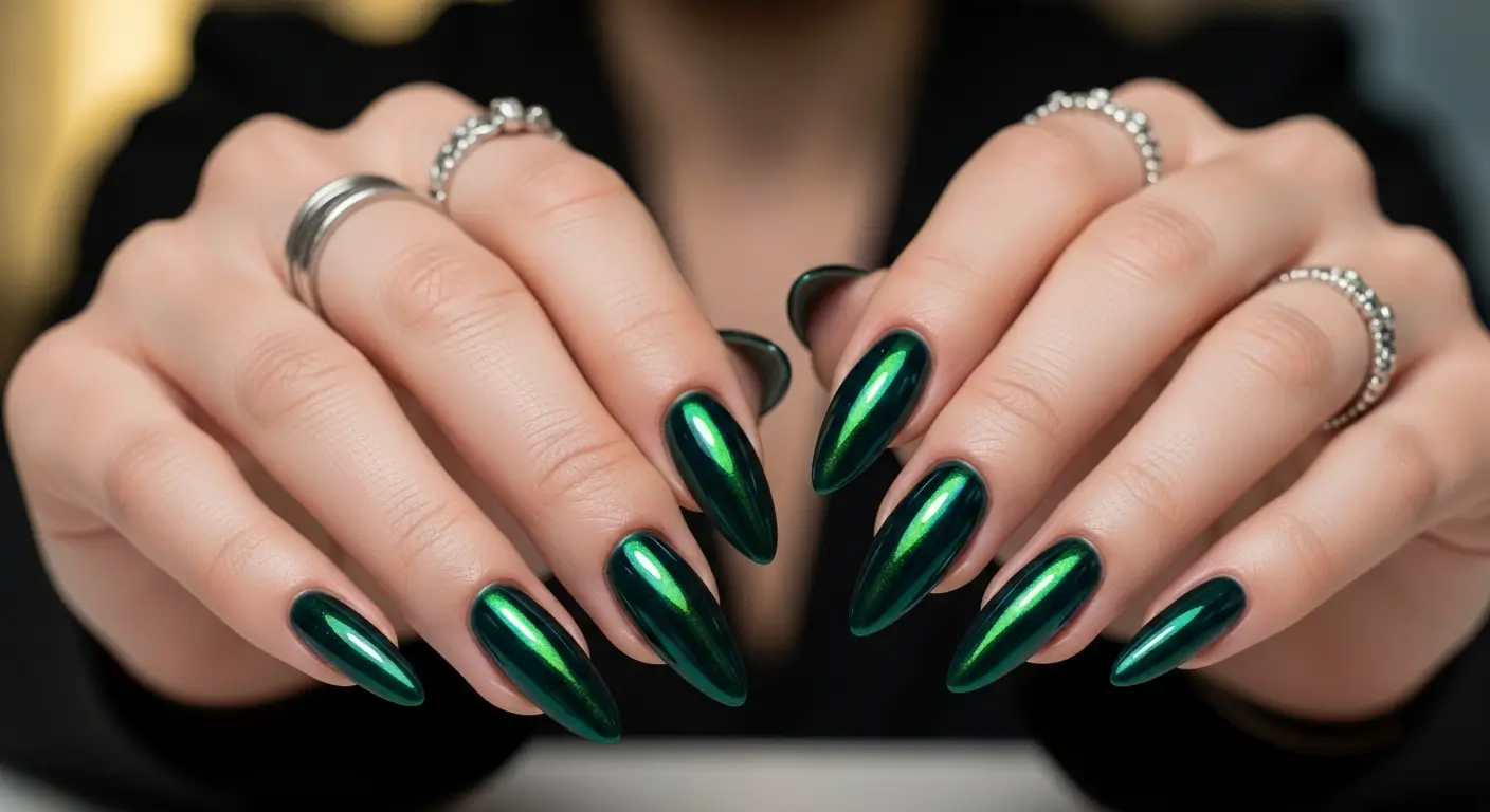 Dark green cat eye nails with moody, bold magnetic depth.