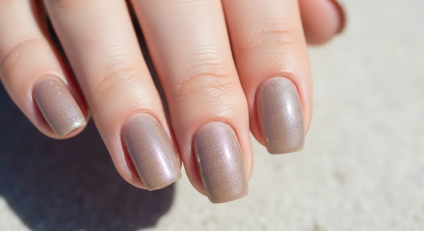 Sandy beige cat eye nails with soft silver shimmer for a sunlit water effect.