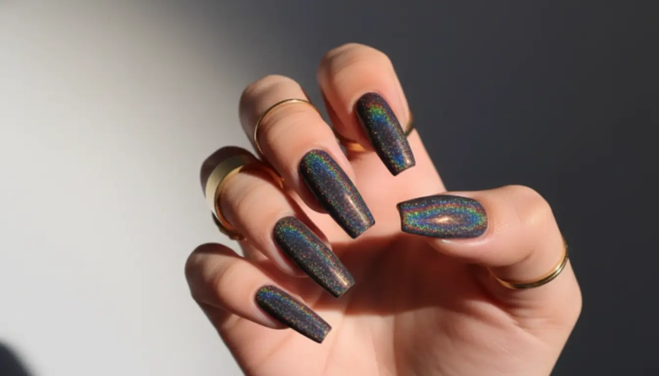 Bright rainbow cat eye nails with jewel-like shimmer and luxurious glow.
