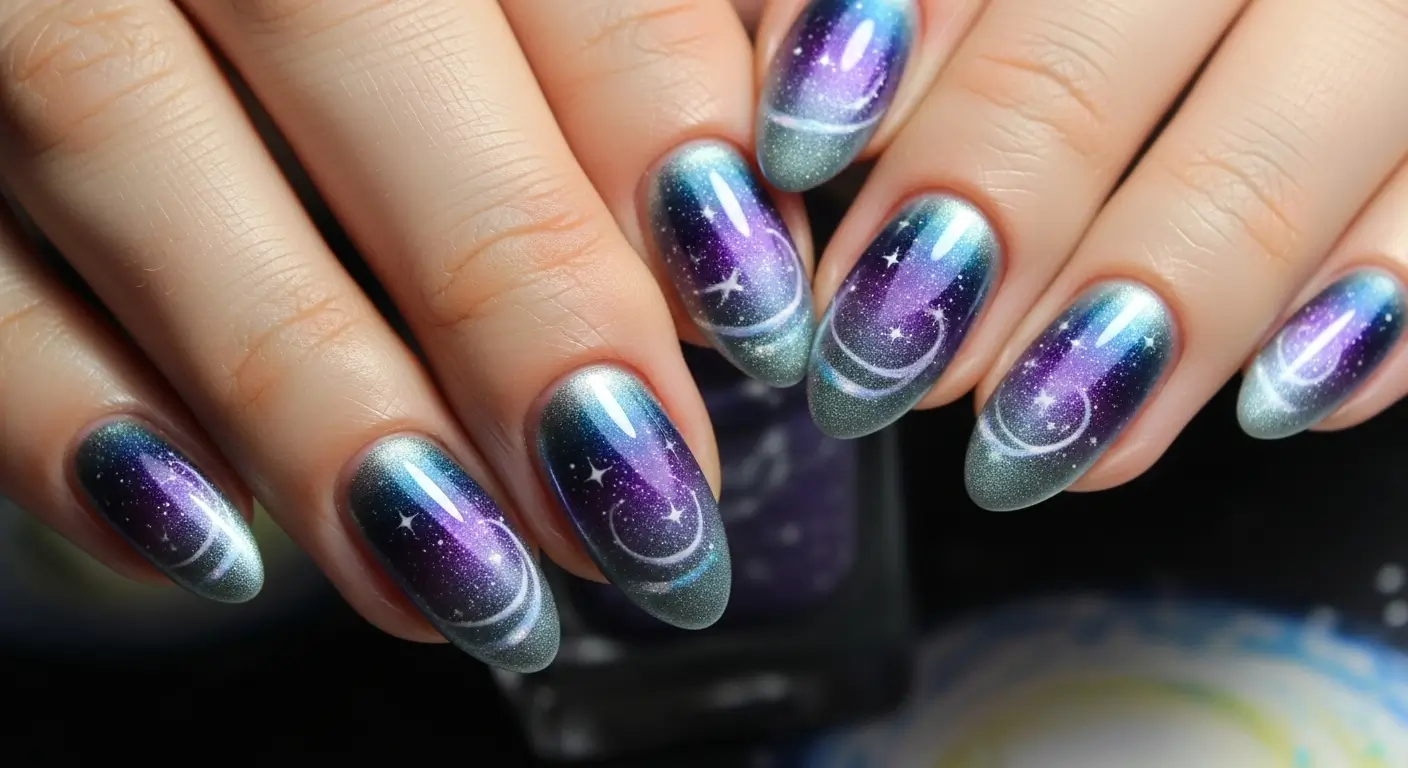 Purple-blue jelly cat eye nails with shimmering starry-night effects.