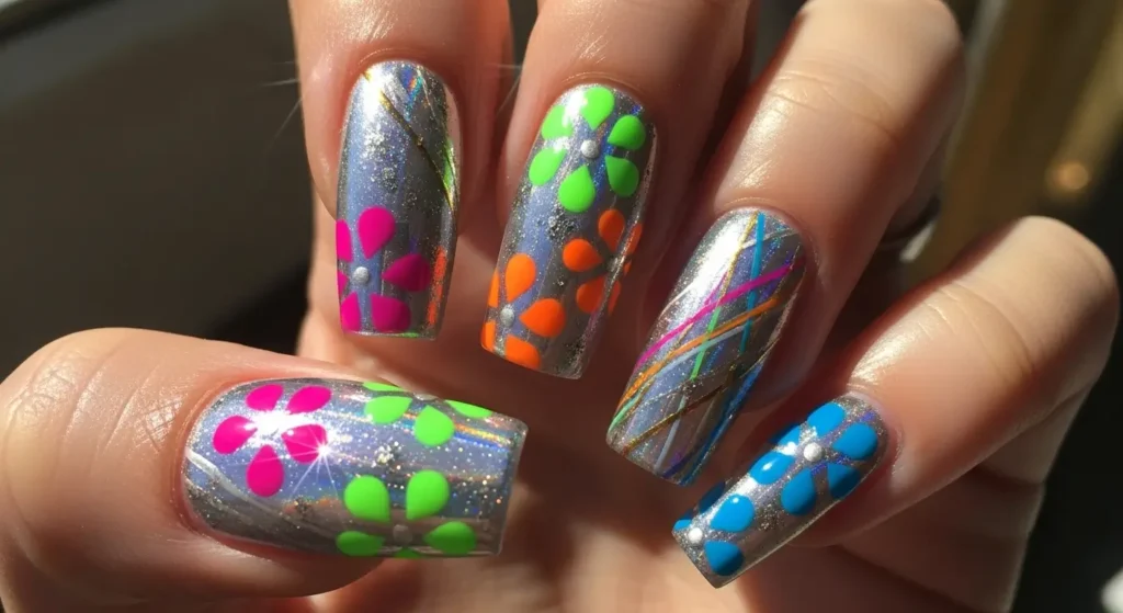 Close-up of nails featuring starburst chrome design with radiant, glossy metallic streaks on a reflective base.