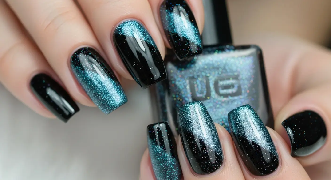 Black and blue cat eye nails with reflective particles for a vivid, thick shimmer.