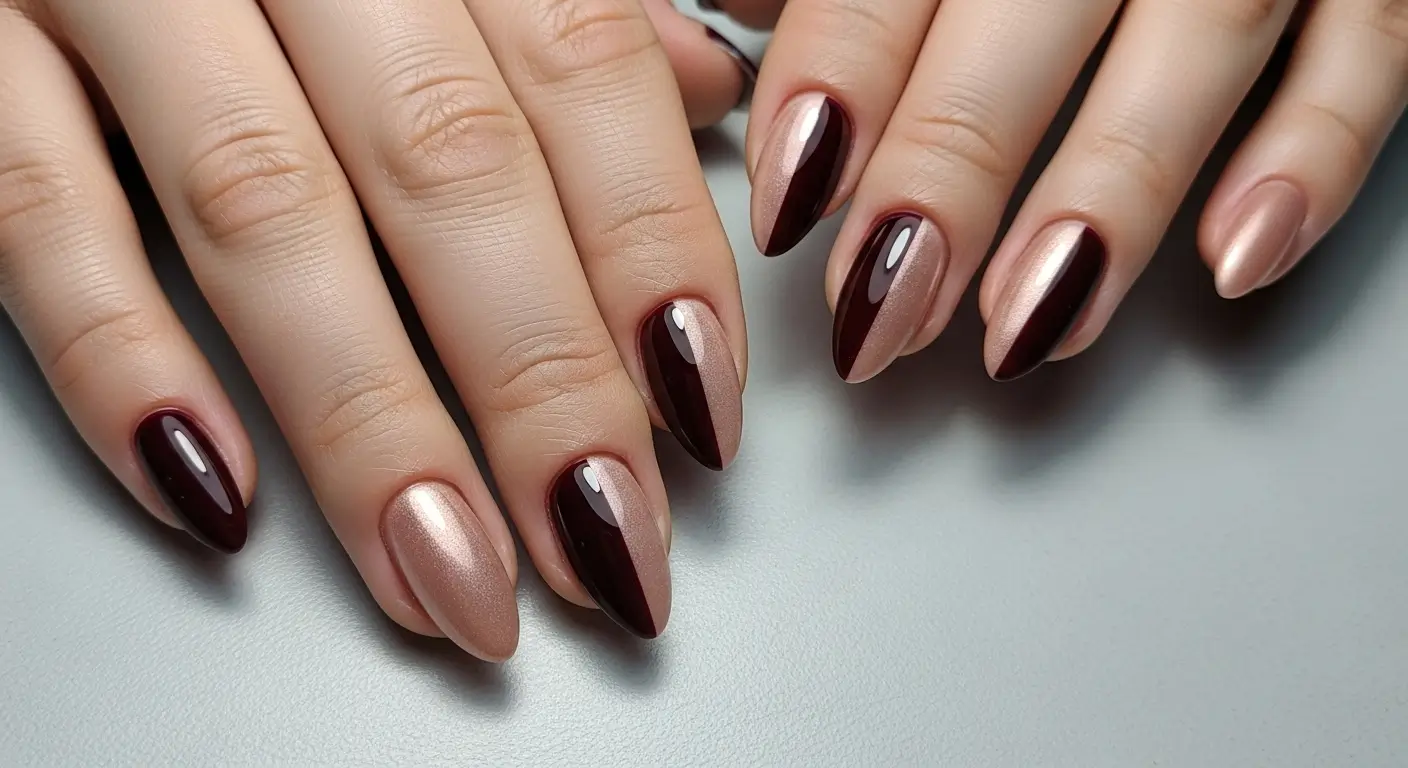 Dual-shade cat eye nails combining complementary tones for depth and elegance.