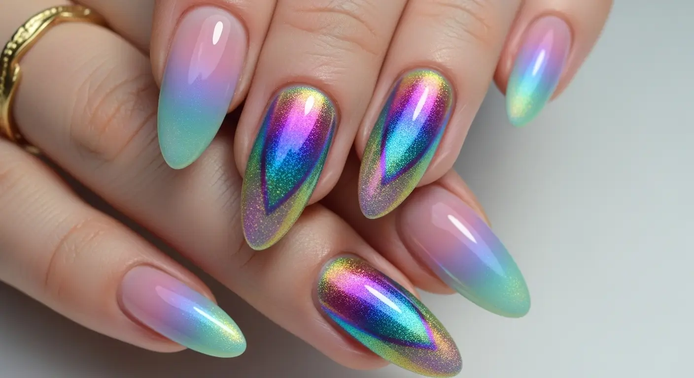 Iridescent cat eye nails with rainbow shine and magical, mystical glow.