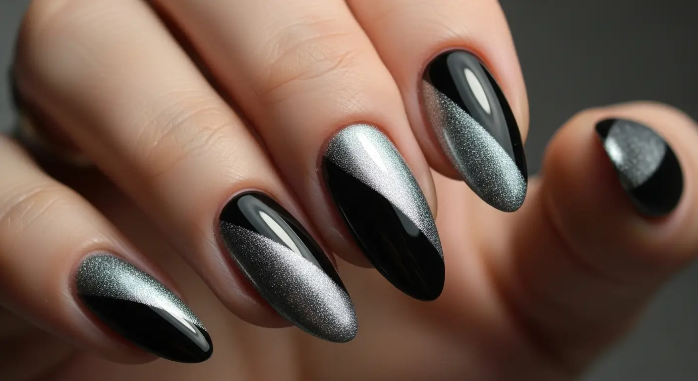 Silver magnetic gel layered over black for dramatic, high-shine cat eye nails.