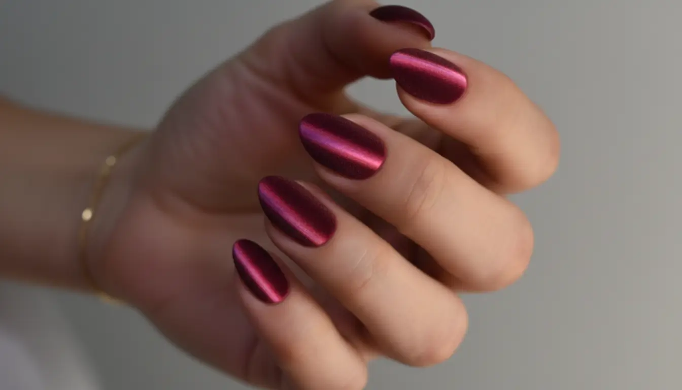 Deep plum velvet cat eye press-on nails with an extra-short, stylish shape.