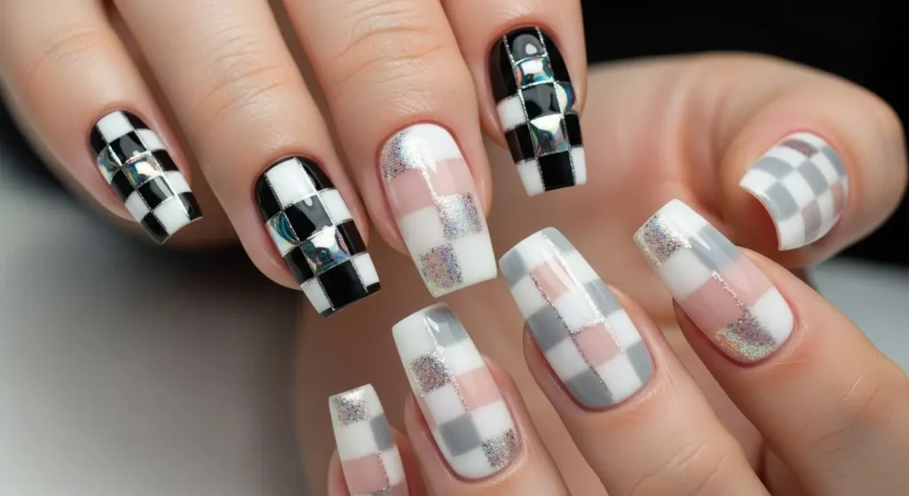 Close-up of almond-shaped nails with a high-shine checkered chrome nail design on a reflective surface.