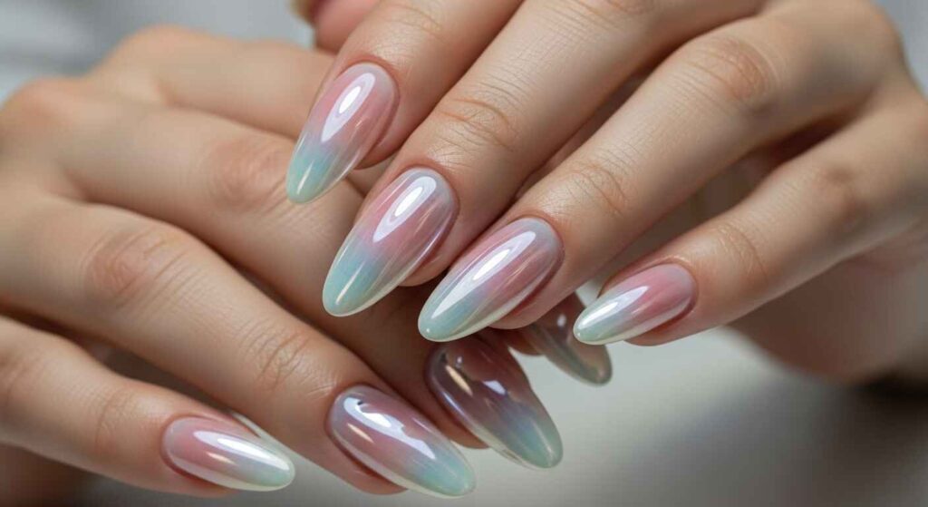 Close-up of long almond-shaped nails with a high-shine chrome nail design on natural pink base.