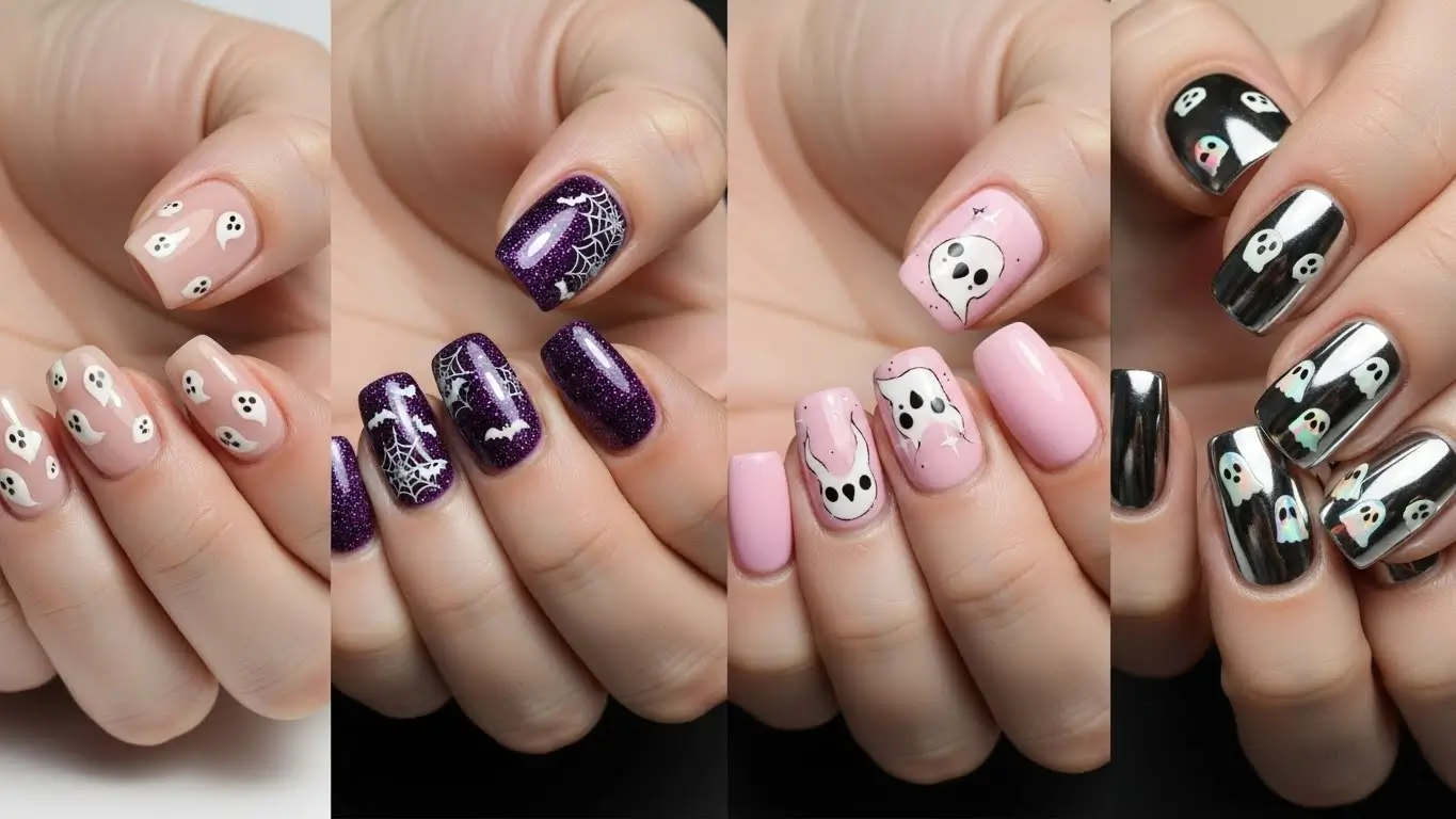 A single image with four different hands arranged in a horizontal row, each hand showcasing a unique ghost nail design