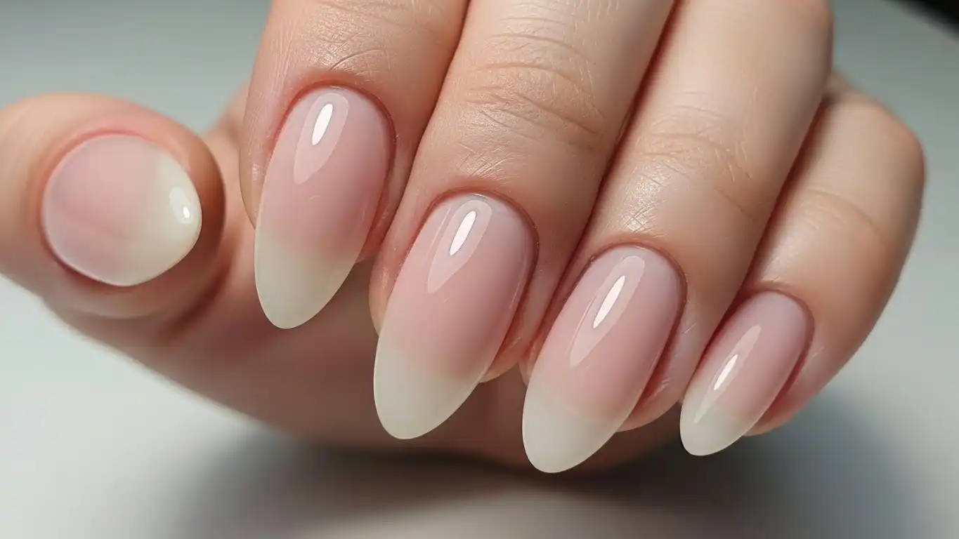 Almond-shaped soap nail design with soft nude pink polish and crystal-clear glossy gel top coat