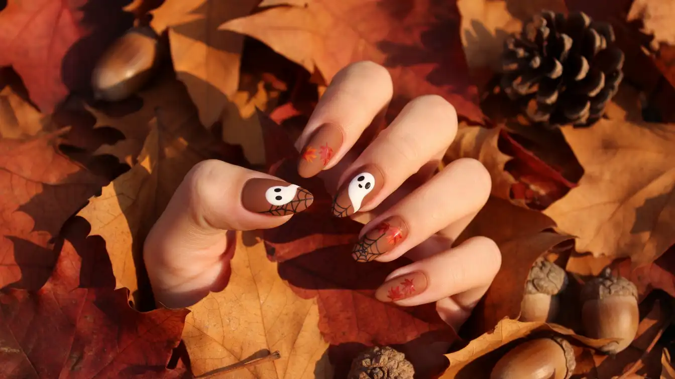 Brown matte nails with leaves and webs - cozy Halloween spider nail designs.