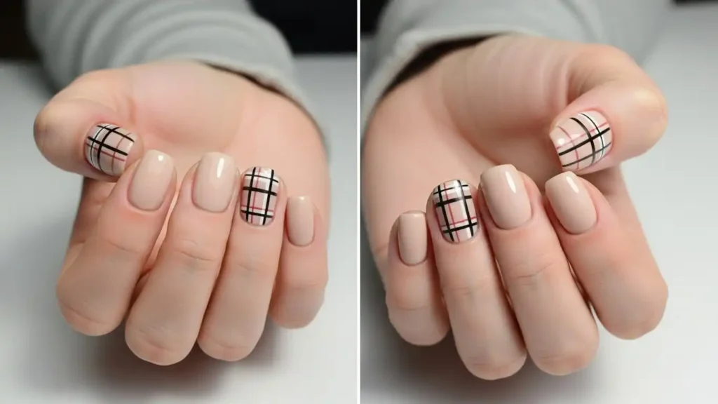 Minimal beige plaid nail design with matte finish for winter elegance.