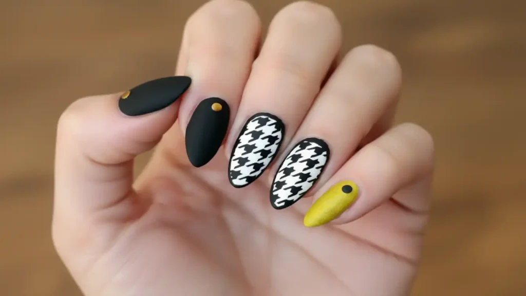 Black and white plaid nail design with neon accents inspired by Dua Lipa.