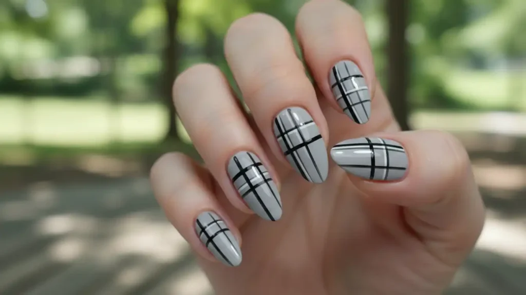 Minimalist black plaid nail design on a soft grey base with thin black striping.