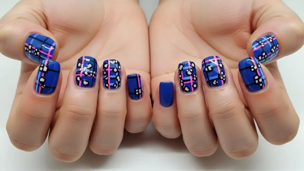 Short blue and black plaid nail design with leopard accents and pink lines.