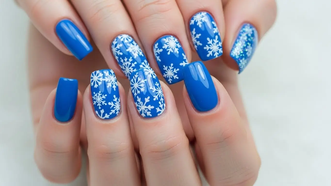 Blue Christmas nails with white snowflake accents, traditional and festive blue Christmas nail designs.