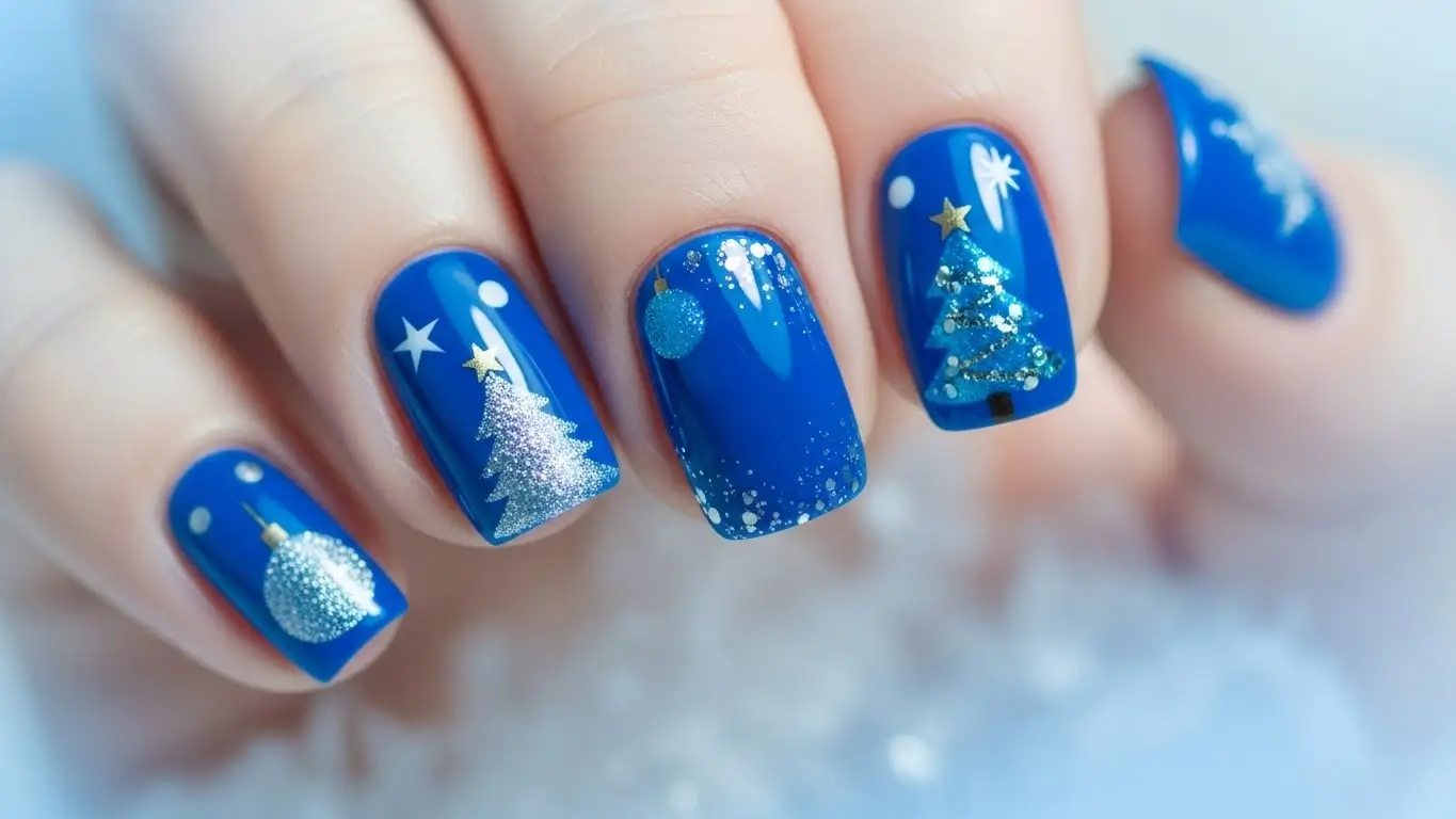 Blue Christmas tree nail designs with festive ornaments, playful and bright blue Christmas nail designs.