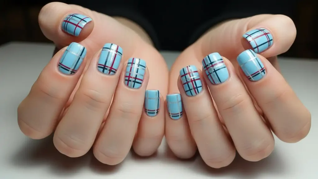 Short blue plaid nail design with silver lines for a winter-ready manicure.