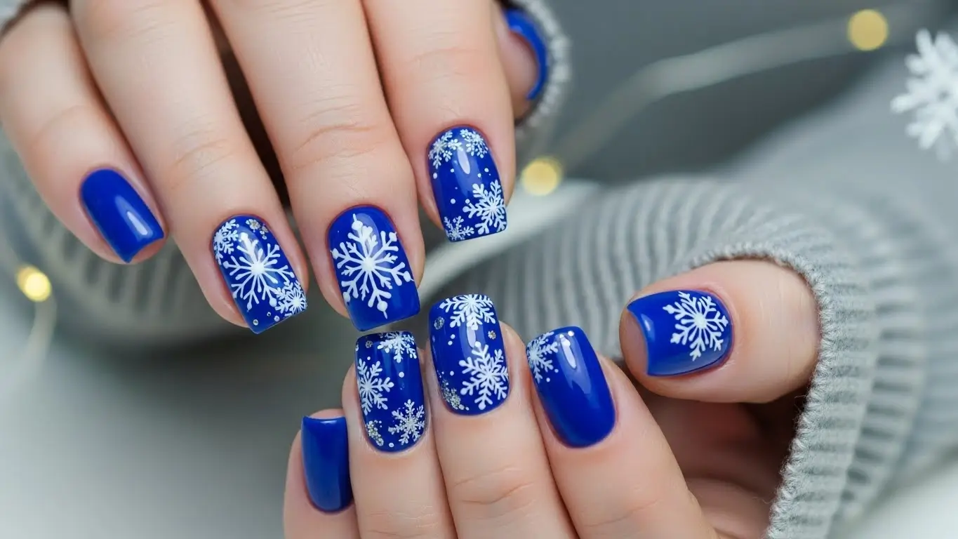 Blue snowflake nail designs with frosty patterns, classic blue Christmas nail designs for the season.