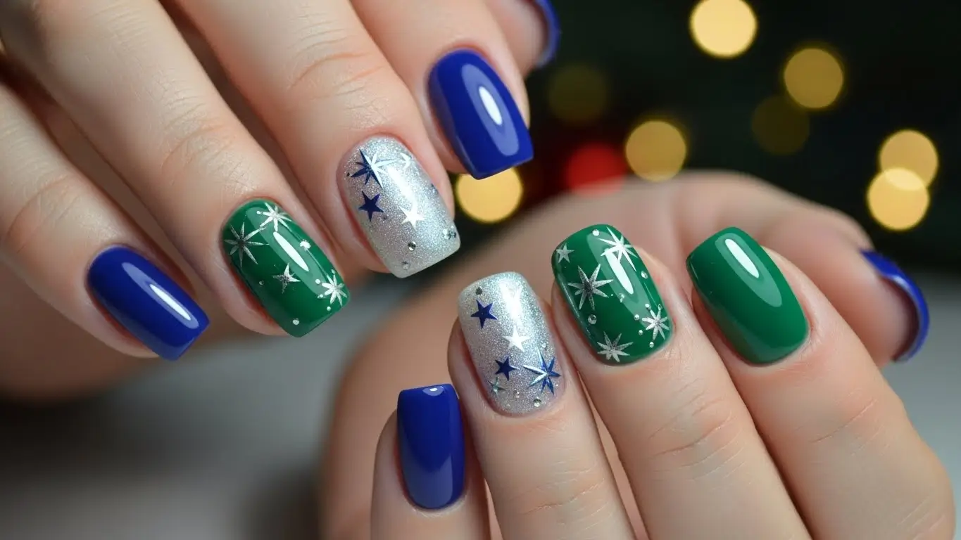 Blue and green Christmas nails with subtle shimmer, unique mixed-color blue Christmas nail designs.