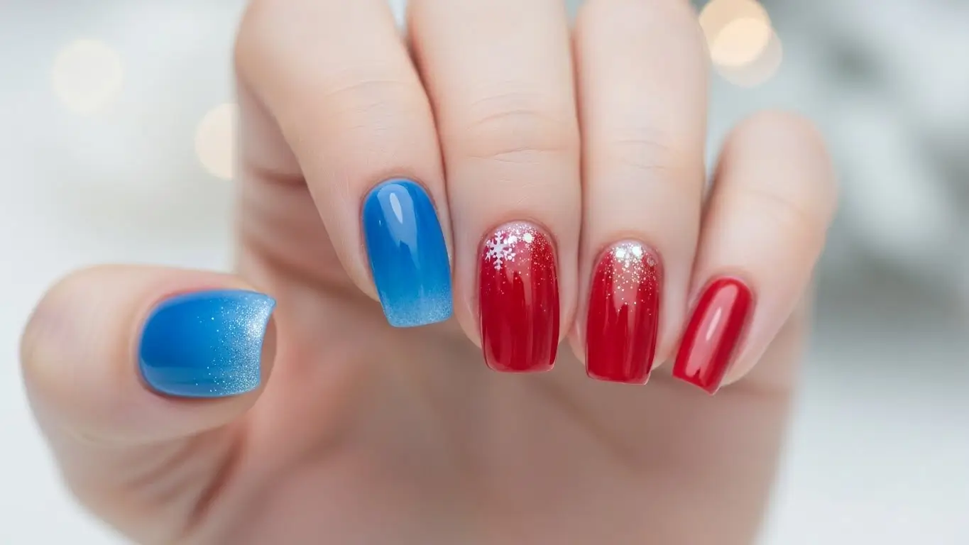 Blue and red Christmas nails with glitter highlights, vibrant and playful blue Christmas nail designs.