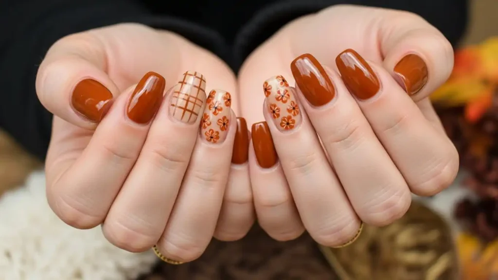Brown fall plaid nail design featuring caramel tones and floral accents.