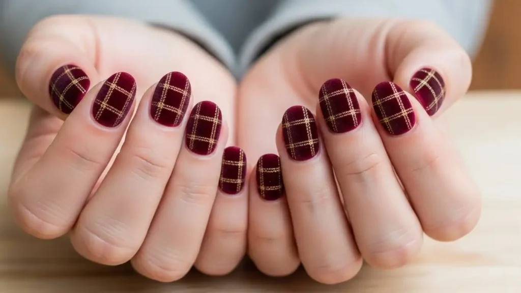 Burgundy velvet plaid nail design accented with gold lines for a rich, luxurious fall look.