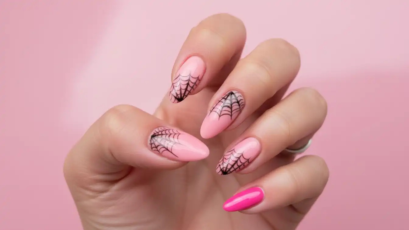 Pink and black shiny spider web nails - bold Halloween spider nail designs.