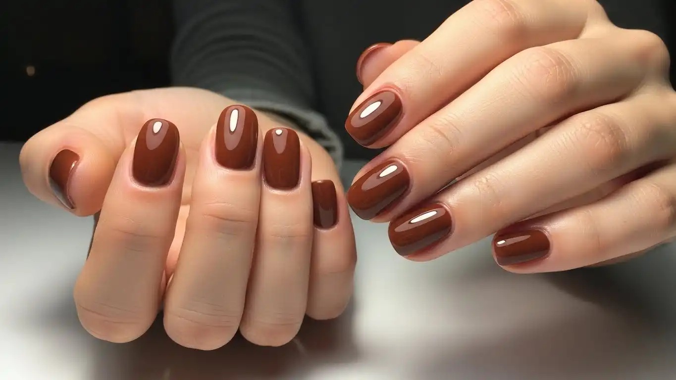 Chocolate milk soap nail design with rich brown gel polish and deep glossy soapy manicure finish