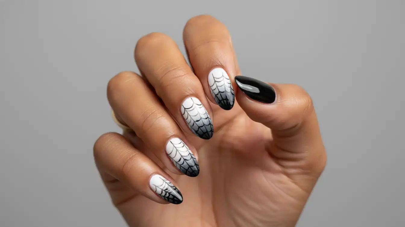 Classic black and white ombre Halloween spider nail designs with delicate hand-painted spider webs.