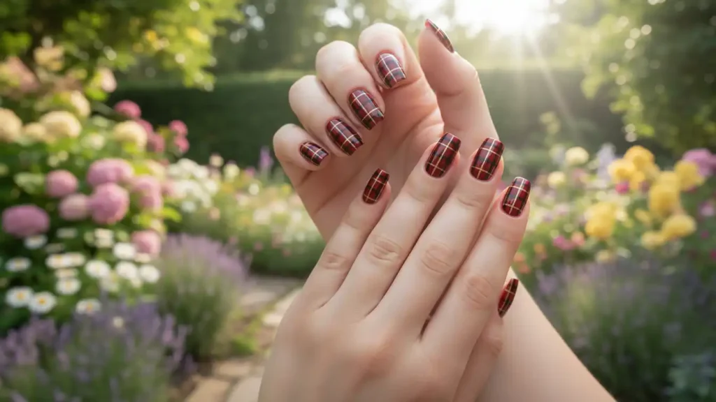 Red and gold classy plaid nail design with black stripes and glossy finish for an elegant evening manicure.