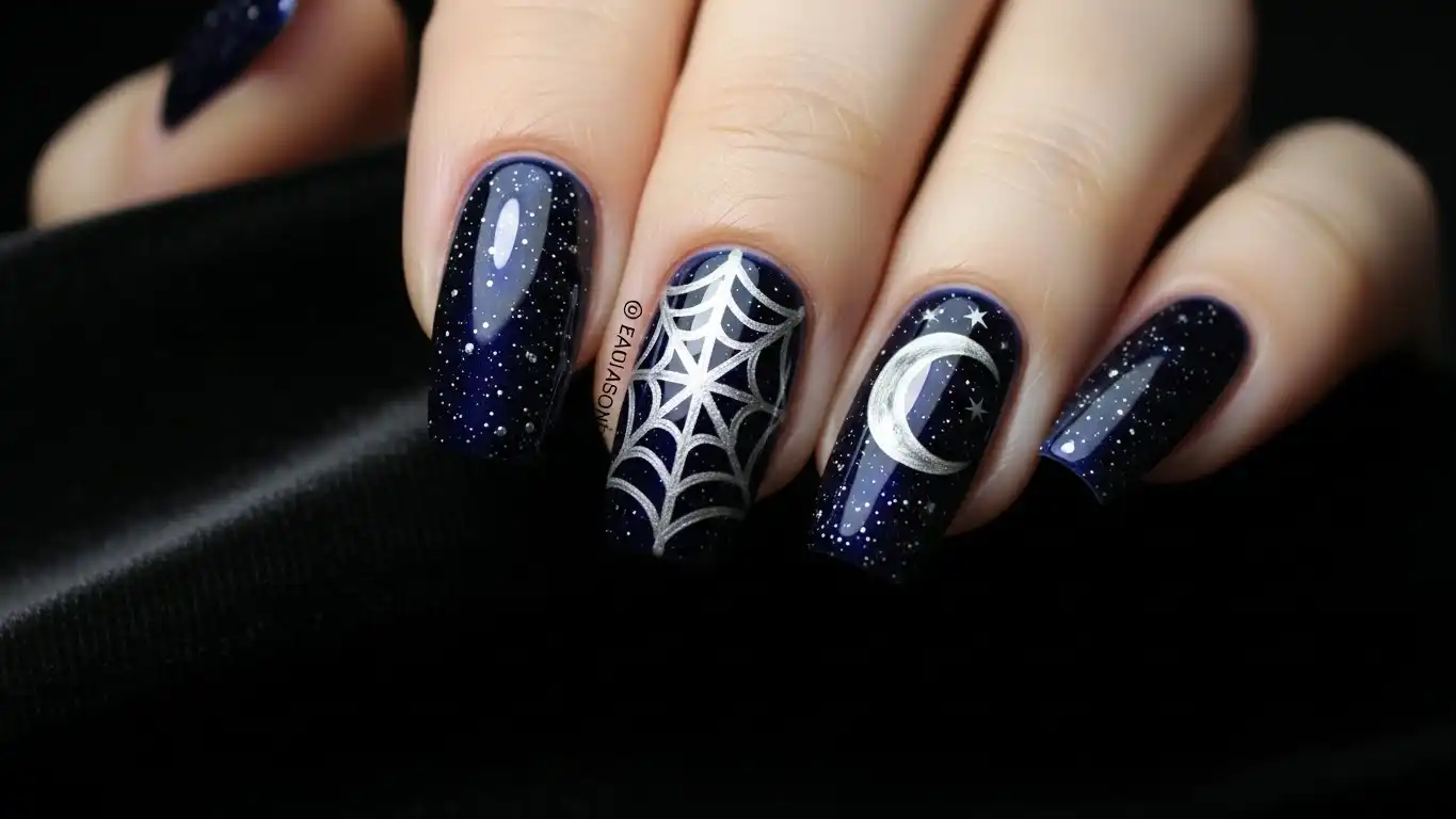 Vanessa Hudgens-inspired starry sky Halloween spider nail designs featuring a spider web and crescent moon.