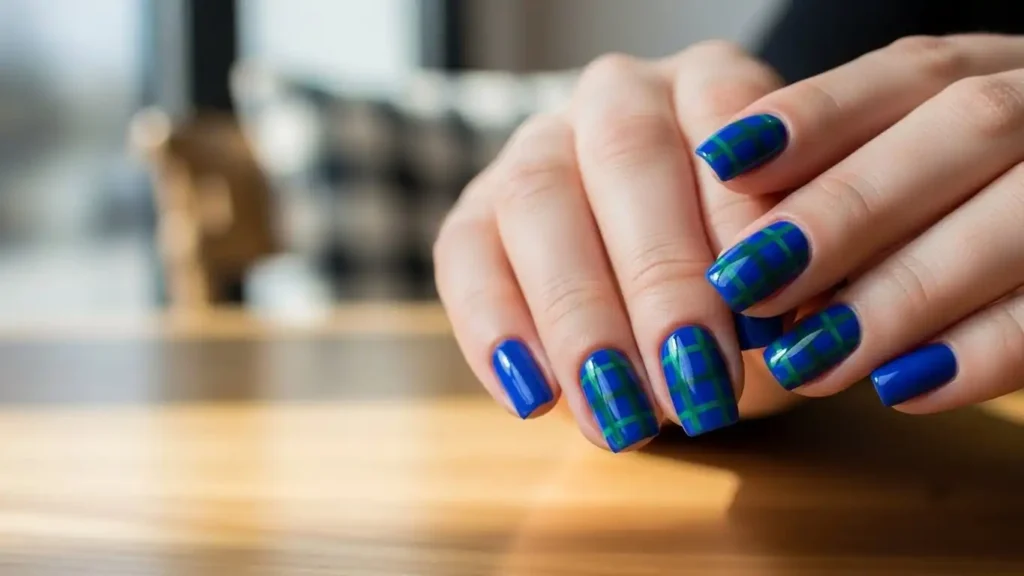 Simple royal blue plaid nail design with green stripes and glossy top coat.