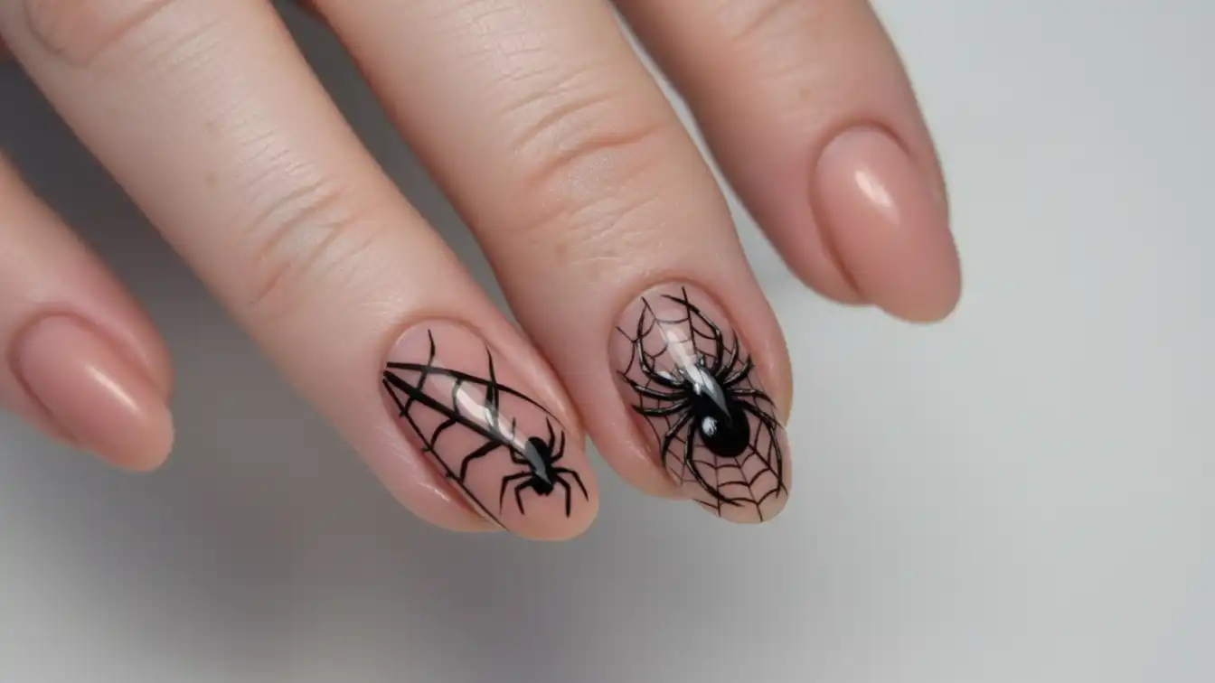 Spider tape decals on nude nails - clean Halloween spider nail designs.