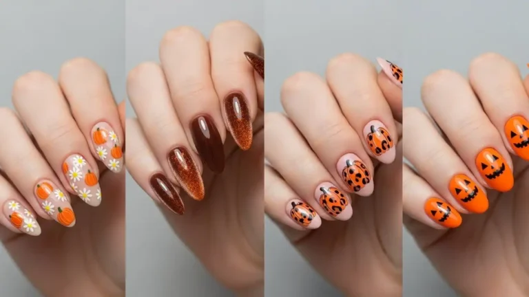 French tips with golden pumpkins, orange heart tips, marble swirls with glitter, and orange accent nails