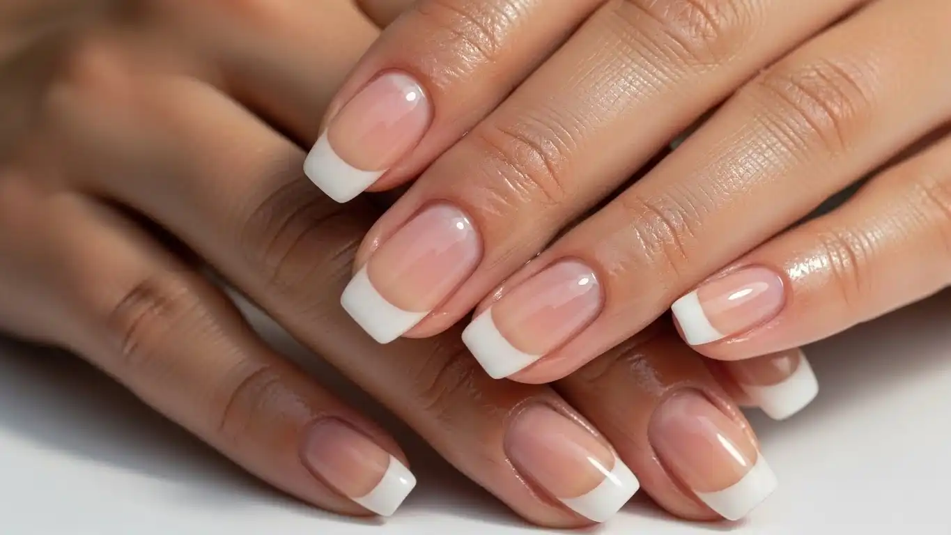 Natural Essie-inspired soap nail design with sheer nude polish and subtle French-style glossy finish