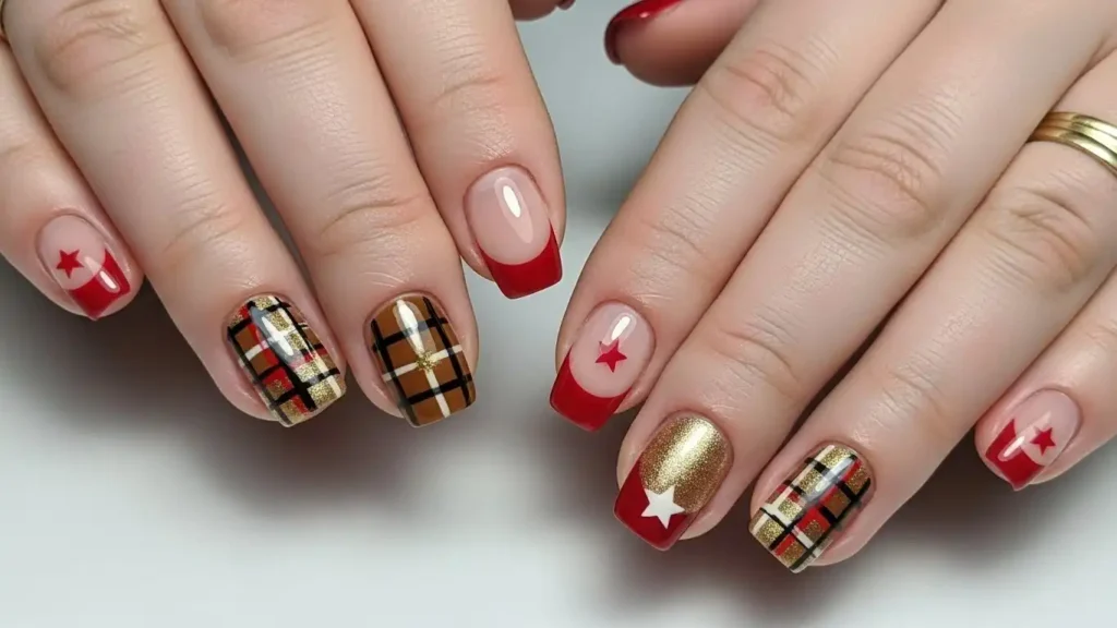 Brown plaid nail design with gold accents and chrome red French tips.