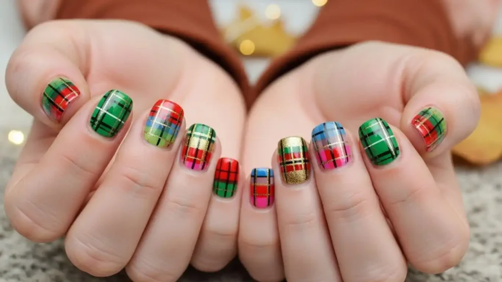 Multicolor fall plaid nail design inspired by festive holiday wrapping paper.