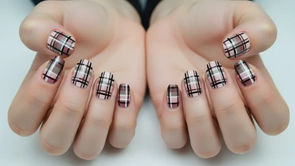 Flannel-inspired French plaid nail design with soft neutral striping.